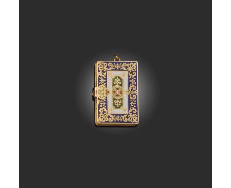 A gold and enamel locket pendant, France, circa 1819-1838, designed as a book, its front and back covers applied with red, wh