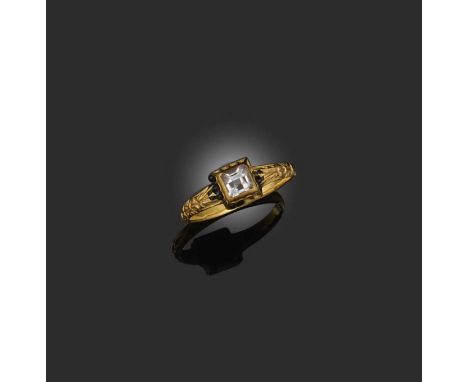 A rock crystal, gold and enamel ring, late 17th century, set with a table-cut rock crystal within a square collet setting acc