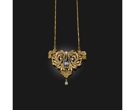 Séverin Ronga (1857-1931), an Art Nouveau gold, sapphire and diamond pendant/brooch, circa 1900, of triangular outline, compo