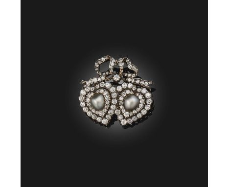 A pearl and diamond brooch, late 19th century, designed as a pair of hearts beneath a ribbon bow, set with circular-cut diamo