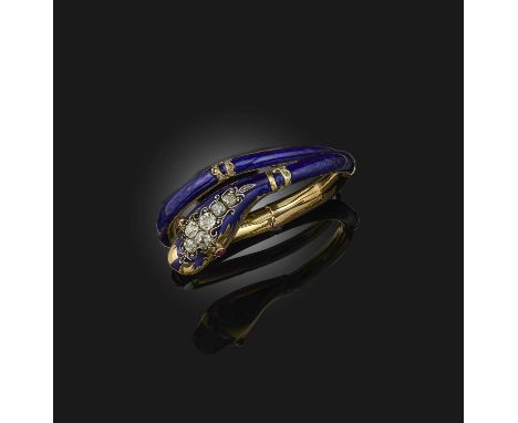 An enamel, ruby and diamond bracelet, designed as a coiled snake, of hinged construction applied with deep blue enamel, its h