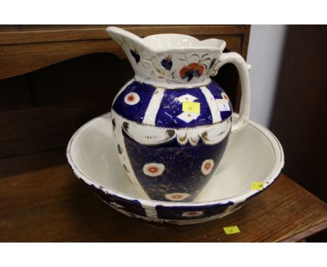 Late 19th century Gaudy Welsh style patterned wash basin and jug