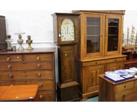 Oak cased longcase clock with enamelled John Todd Glasgow face, with pendulum and 2 weights