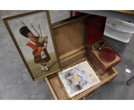 Vintage wooden box and oil painting of a Scottish Piper, miniature gramophone player and watercolour portrait