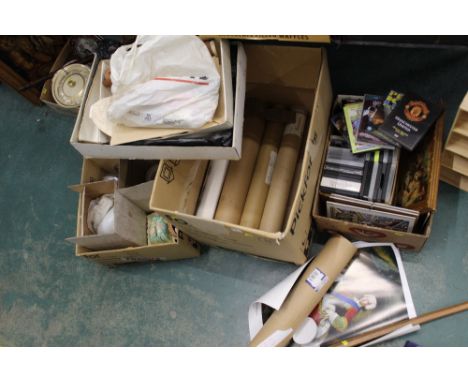 Box of DVDs, pictures and box of light shades, pictures, ornamental sword, etc. 