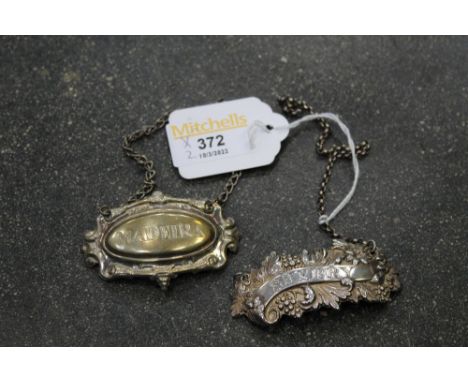 Silver sherry decanter label and silver plated Madeira decanter label 