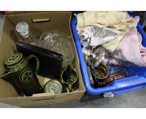 2 boxes of decanters, glassware, towels, coffeepot, barometer, silver plate, cutlery etc