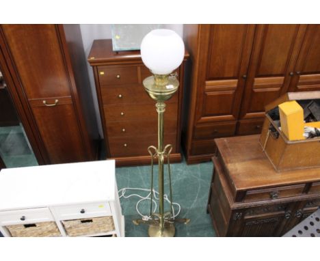 Brass column standard lamp converted from oil lamp, with glass shade 
