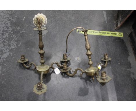 Two three branch brass ceiling light fittings 