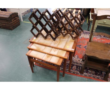 Nest of 3 mid century tile top tables and 2 folding bottle racks