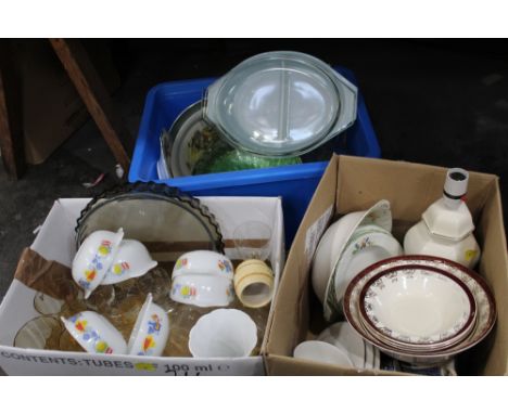 3 boxes of kitchenware, lamp etc