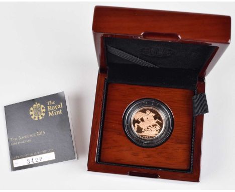2015 Royal Mint, Proof Sovereign, weight 7.98g, diameter 22.05mm, struck in 22-carat gold, obverse portrait by Ian Rank-Broad