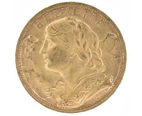 Switzerland, Helvetia, 20 Francs, 1947 B, A female head with plaited hair, a garland of flowers (Edelweiss), with mountains b