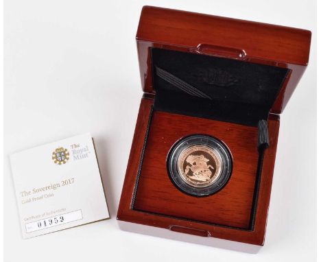 2017 Royal Mint, Proof Sovereign, weight 7.98g, diameter 22.05mm, struck in 22-carat gold, R. The image of St. George armed, 