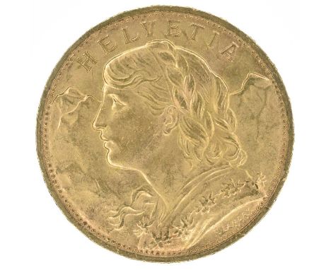 Switzerland, Helvetia, 20 Francs, 1922 B, A female head with plaited hair, a garland of flowers (Edelweiss), with mountains b