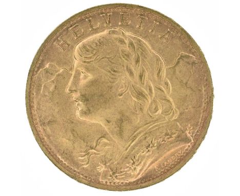 Switzerland, Helvetia, 20 Francs, 1947 B, A female head with plaited hair, a garland of flowers (Edelweiss), with mountains b