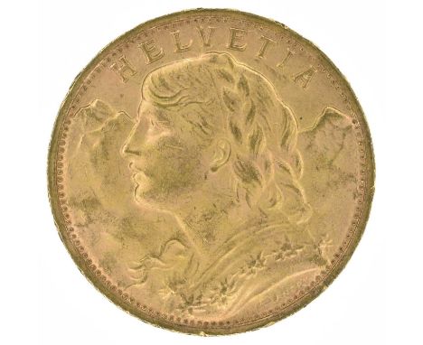 Switzerland, Helvetia, 20 Francs, 1935 B, A female head with plaited hair, a garland of flowers (Edelweiss), with mountains b