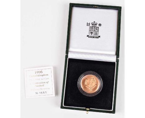 1996 Royal Mint, Gold Proof Two Pounds, weight 15.97g, diameter 28.40mm, struck in 22-carat gold, European Football Champions