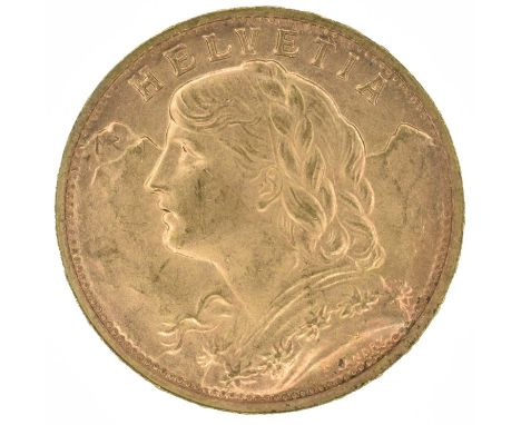 Switzerland, Helvetia, 20 Francs, 1947 B, A female head with plaited hair, a garland of flowers (Edelweiss), with mountains b