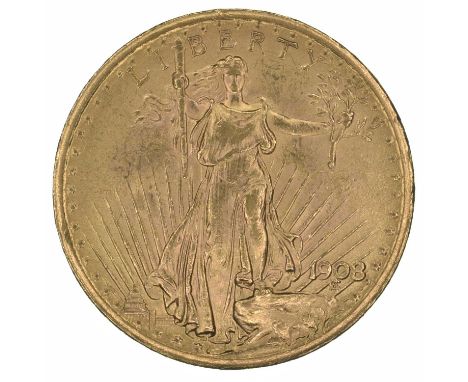 United States of America, Twenty Dollars, Double Eagle, 1908 Saint Gaudens Philadelphia Mint, Lady Liberty holding an olive b