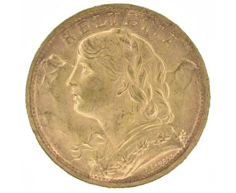 Switzerland, Helvetia, 20 Francs, 1947 B, A female head with plaited hair, a garland of flowers (Edelweiss), with mountains b