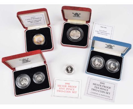 Assortment of silver proof coins to include a cased London Mint "The Eighty Glorious Years" Silver Proof Set, with four coins