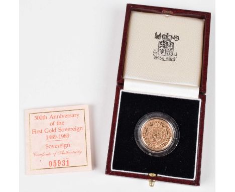 1989 Royal Mint, Proof Sovereign, weight 7.98g, diameter 22.05mm, struck in 22 carat gold, 500th Anniversary of the First Gol