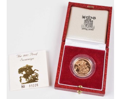 1985 Royal Mint, Proof Sovereign, weight 7.98g, diameter 22.05mm, struck in 22-carat gold, R. St. George and dragon (reverse 