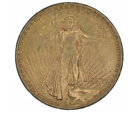 United States of America, Twenty Dollars, Double Eagle, 1925 Saint Gaudens Philadelphia Mint, Lady Liberty holding an olive b