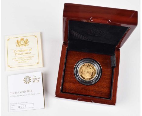 A Royal Mint 2018 UK Gold Proof Quarter-Ounce Britannia, Twenty-five pounds, Obverse portrait by Jody Clark R. The figure of 
