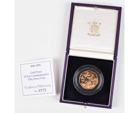 1994 Royal Mint, Gold Proof Fifty Pence, weight 26.32g, diameter 30mm, struck in 22-carat gold, 50th Anniversary of the Norma