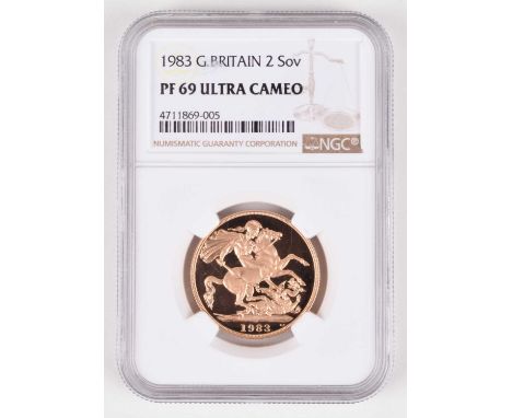 Queen Elizabeth II, Proof Ultra Cameo Two Pounds (Double Sovereign), 1983, Crowned head r. obverse portrait by Arnold Machin,