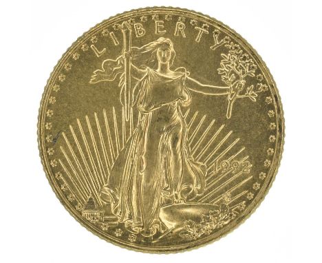 United States of America, Five Dollars, Tenth Ounce Eagle Gold Coin, 1992 Saint Gaudens Philadelphia Mint, Lady Liberty holdi