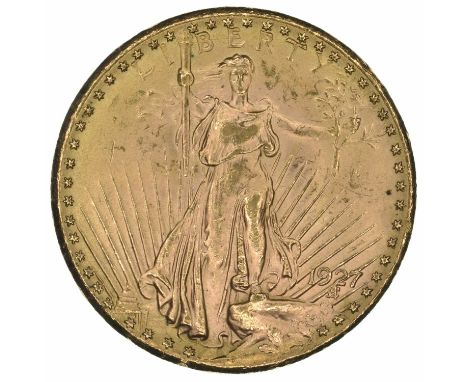 United States of America, Twenty Dollars, Double Eagle, 1927 Saint Gaudens Philadelphia Mint, Lady Liberty holding an olive b