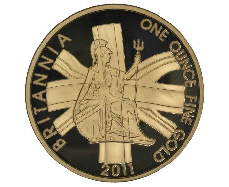 Queen Elizabeth II, 2011 Gold Proof 1oz Britannia, 100 Pounds, struck in .9999 gold, with obverse portrait by Ian Rank-Broadl