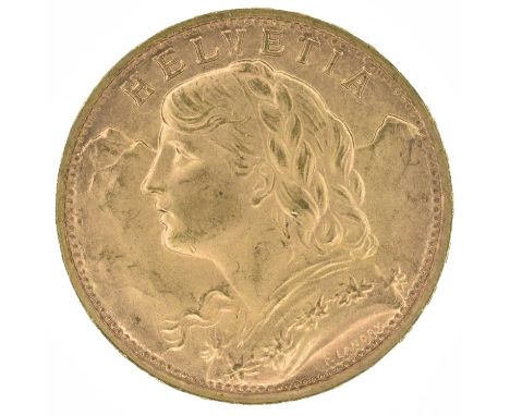 Switzerland, Helvetia, 20 Francs, 1947 B, A female head with plaited hair, a garland of flowers (Edelweiss), with mountains b