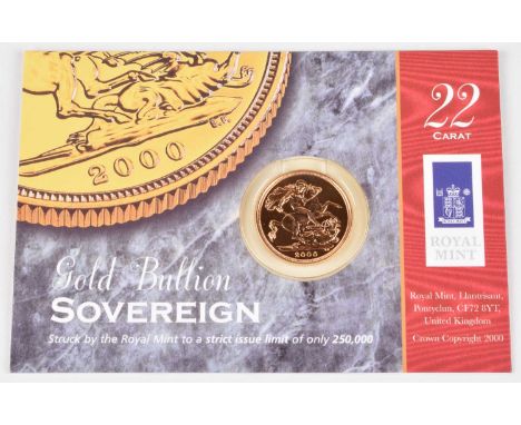 2000 Royal Mint, Bullion Sovereign, weight 7.98g, diameter 22.05mm, struck in 22-carat gold, with obverse portrait by Ian Ran