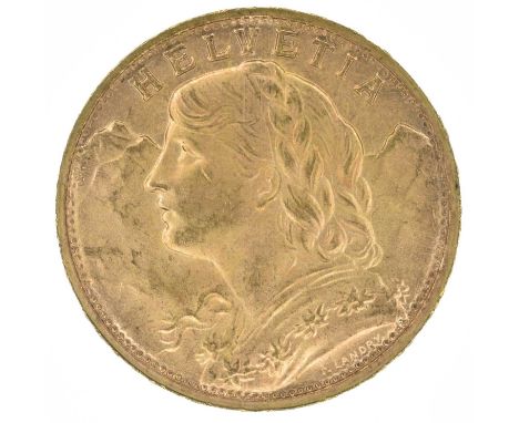 Switzerland, Helvetia, 20 Francs, 1947 B, A female head with plaited hair, a garland of flowers (Edelweiss), with mountains b