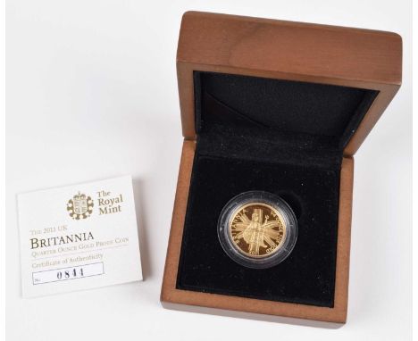 A Royal Mint 2011 UK Gold Proof Quarter-Ounce Britannia, Twenty-five pounds, Obverse portrait by Ian Rank-Broadley R. A desig