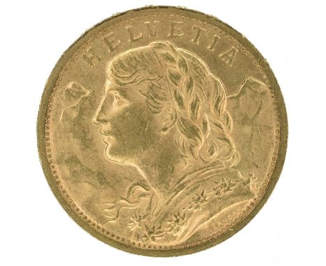 Switzerland, Helvetia, 20 Francs, 1899 B, A female head with plaited hair, a garland of flowers (Edelweiss), with mountains b
