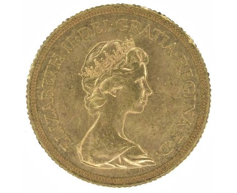Queen Elizabeth II, Sovereign, 1976, Crowned head r. with obverse portrait by Arnold Machin, R. St. George and dragon, gold, 