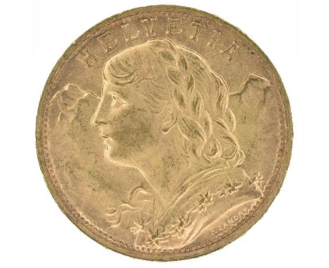 Switzerland, Helvetia, 20 Francs, 1947 B, A female head with plaited hair, a garland of flowers (Edelweiss), with mountains b