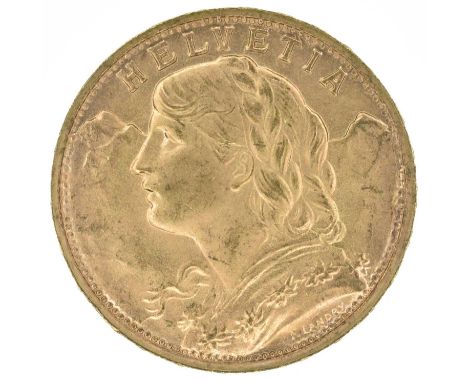 Switzerland, Helvetia, 20 Francs, 1947 B, A female head with plaited hair, a garland of flowers (Edelweiss), with mountains b
