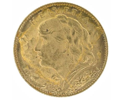 Switzerland, Helvetia, 10 Francs, 1922 B, A female head with plaited hair, a garland of flowers (Edelweiss), with mountains b