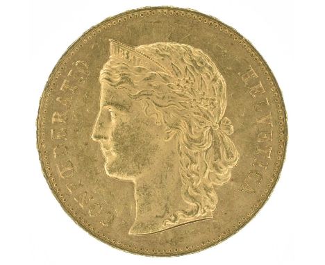 Switzerland, 20 Francs, 1893 B, Bust of Libertas l. with diadem and laurel wreath, and legend CONFŒDERATIO HELVETICA. R. Swis