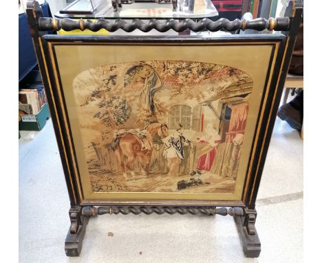 Large scale antique embroidered fire screen with ebonised paint &amp; gilded decoration - 80cm wide 100cm high &amp; 30cm dee