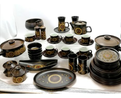 Qty of Denby arabesque dinnerware &amp; teaware inc salad bowl with servers Condition report1 cup is a/f otherwise in good co