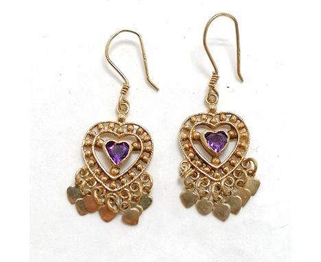 9ct marked gold pair of drop earrings set with a heart shaped amethyst - 5.1g total weight &amp; 4.5cm drop 