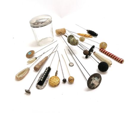 Qty of vintage / antique hat pins t/w silver topped jar (dent to lid) 