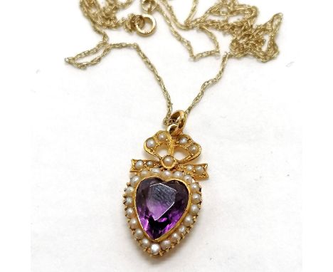 Antique 9ct marked gold heart shaped amethyst &amp; pearl pendant on 9ct gold 46cm chain - total weight 2.1g - SOLD ON BEHALF